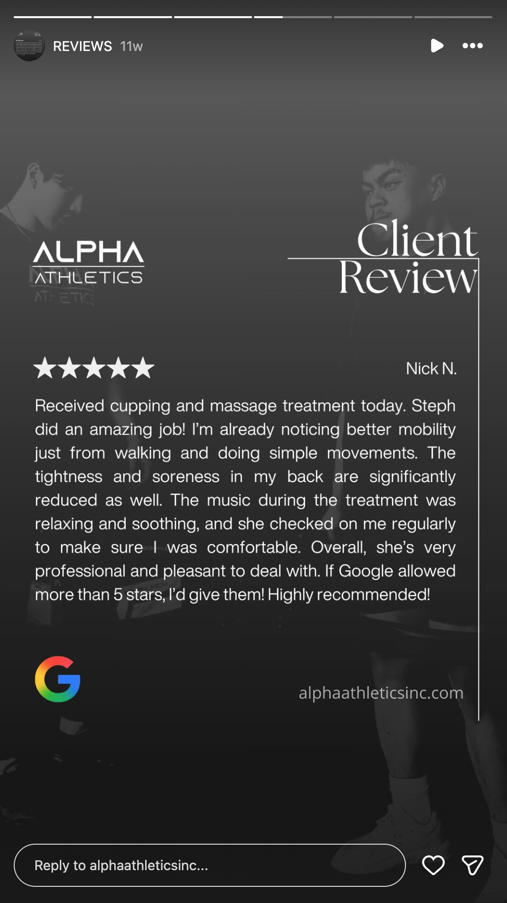 Instagram/Facebook post showing a 5-star review with Alpha Athletics branding